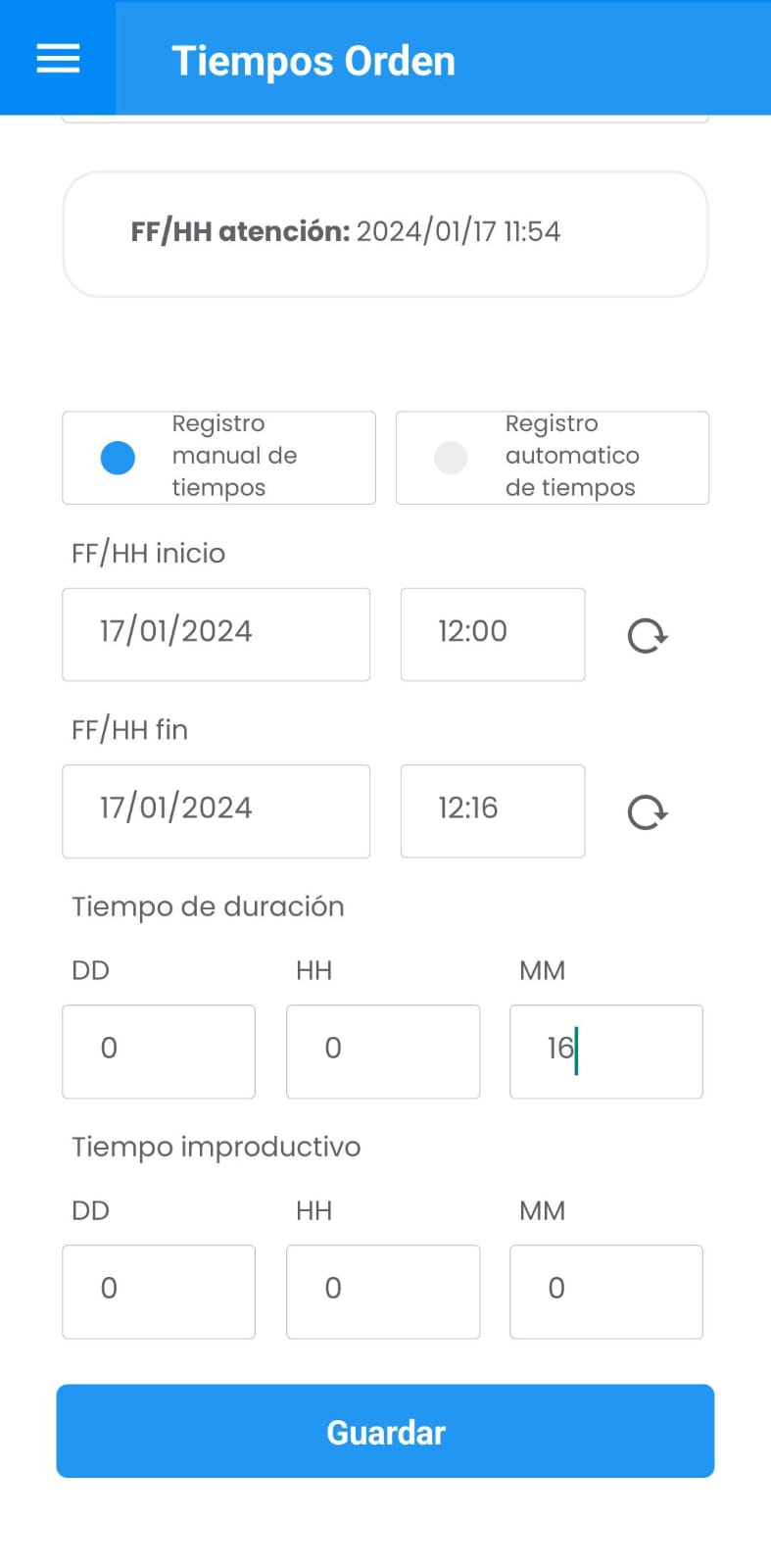 AMovil - Ordenes Registro Manual de Tiempos