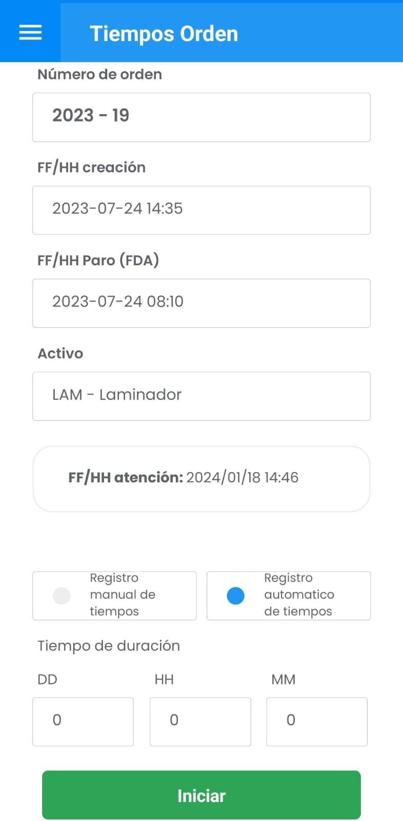 AMovil - Ordenes Ingreso Tiempos Automático