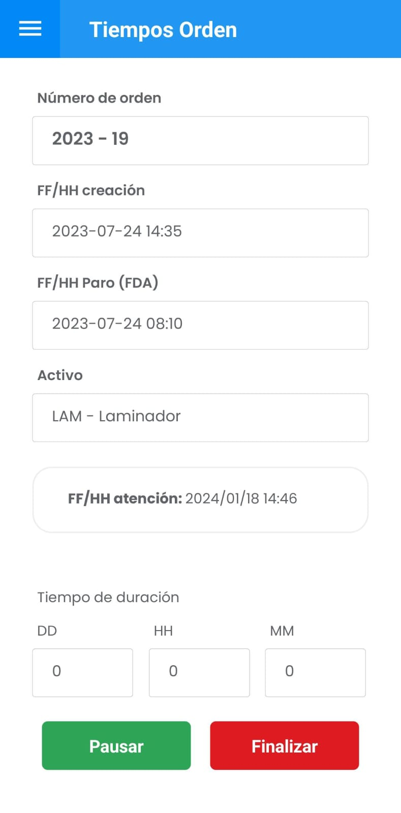 AMovil - Ordenes Ingreso Automático de Tiempos