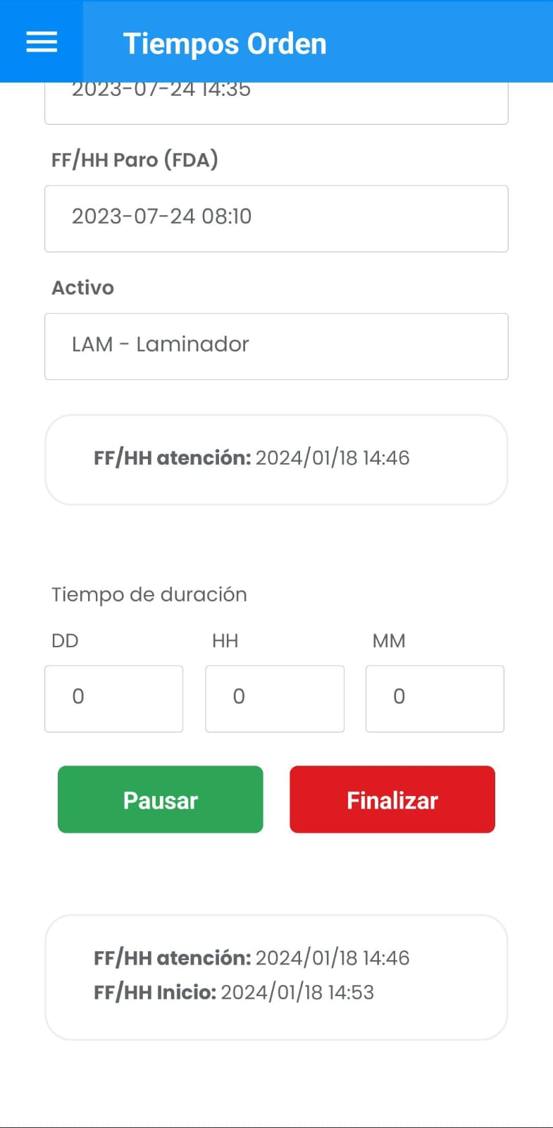 AMovil - Ordenes Ingreso Automático de Tiempos
