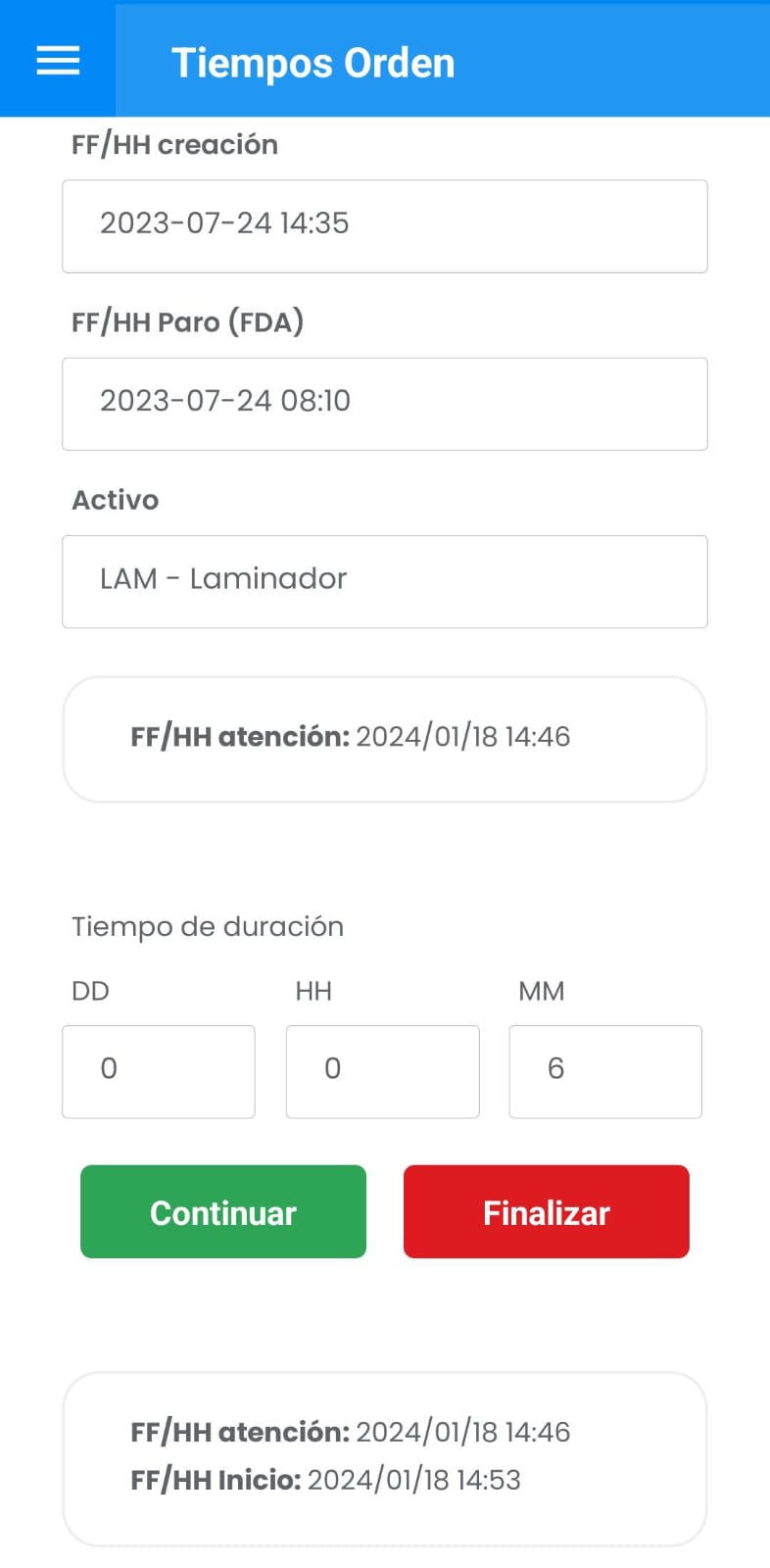 AMovil - Ordenes Ingreso Automático de Tiempos