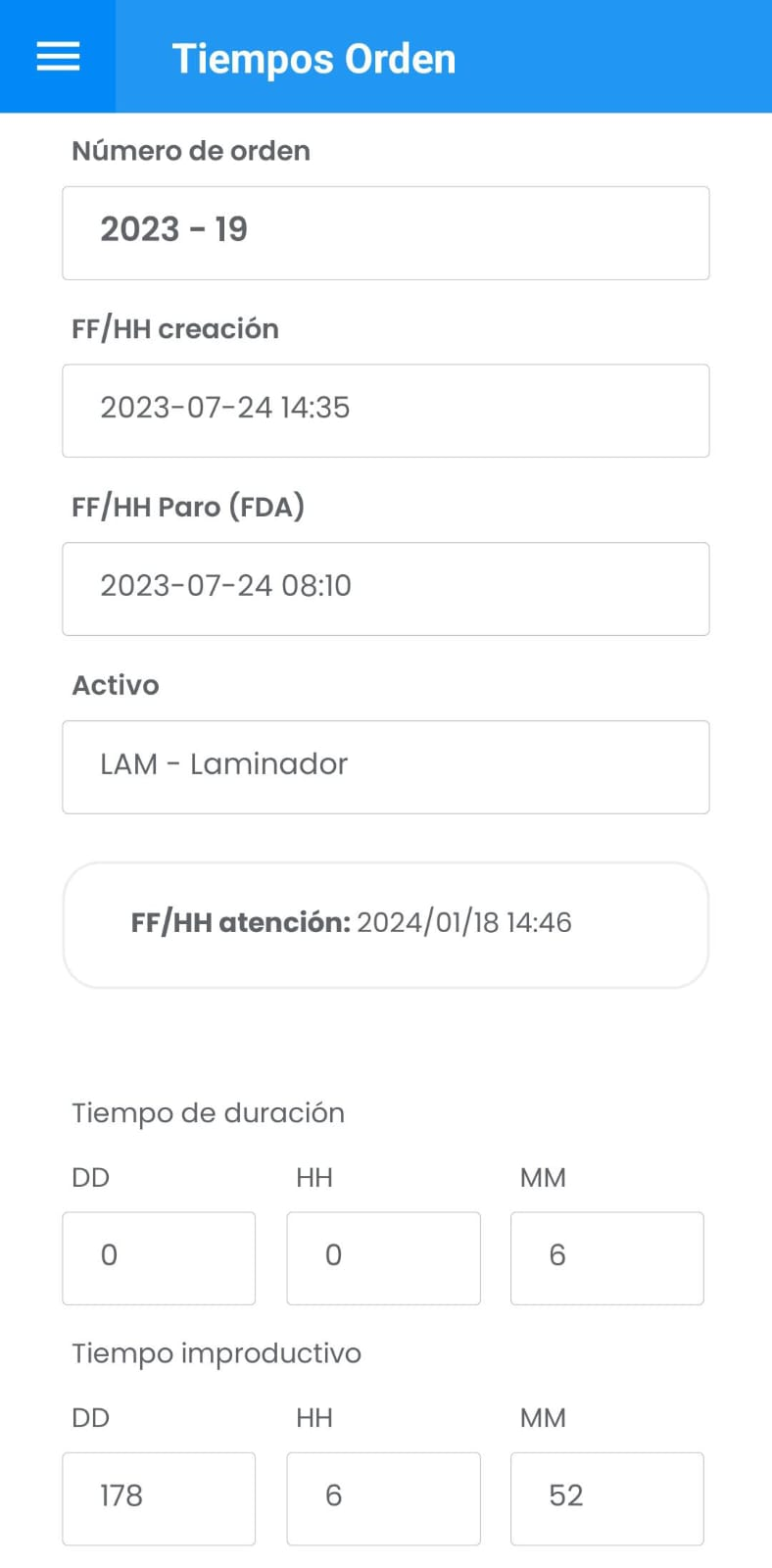 AMovil - Ordenes Ingreso Automático de Tiempos