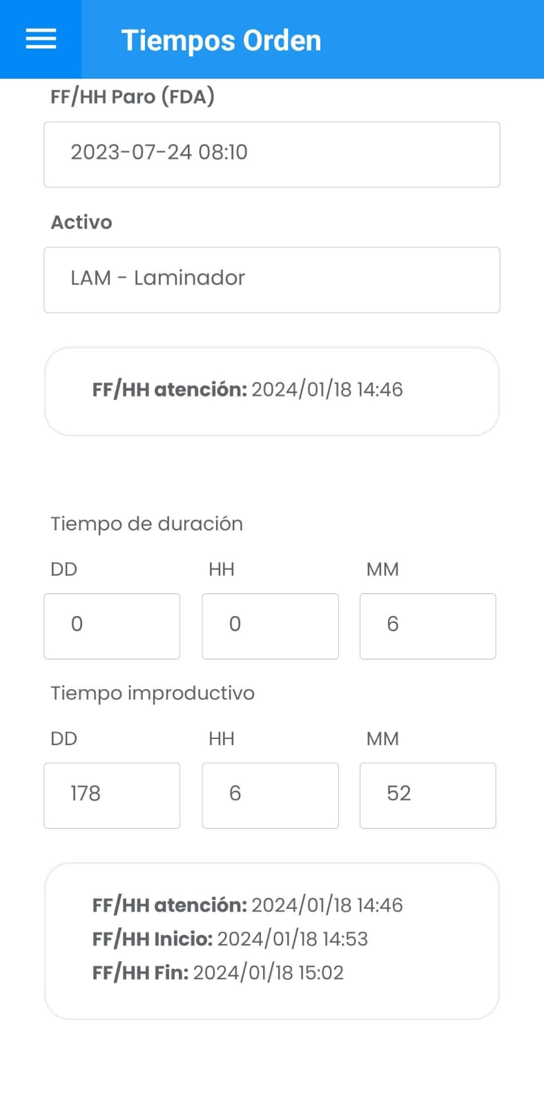 AMovil - Ordenes Ingreso Automático de Tiempos