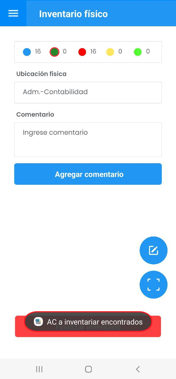 AMovil - Inventario físico Mensaje Indicador