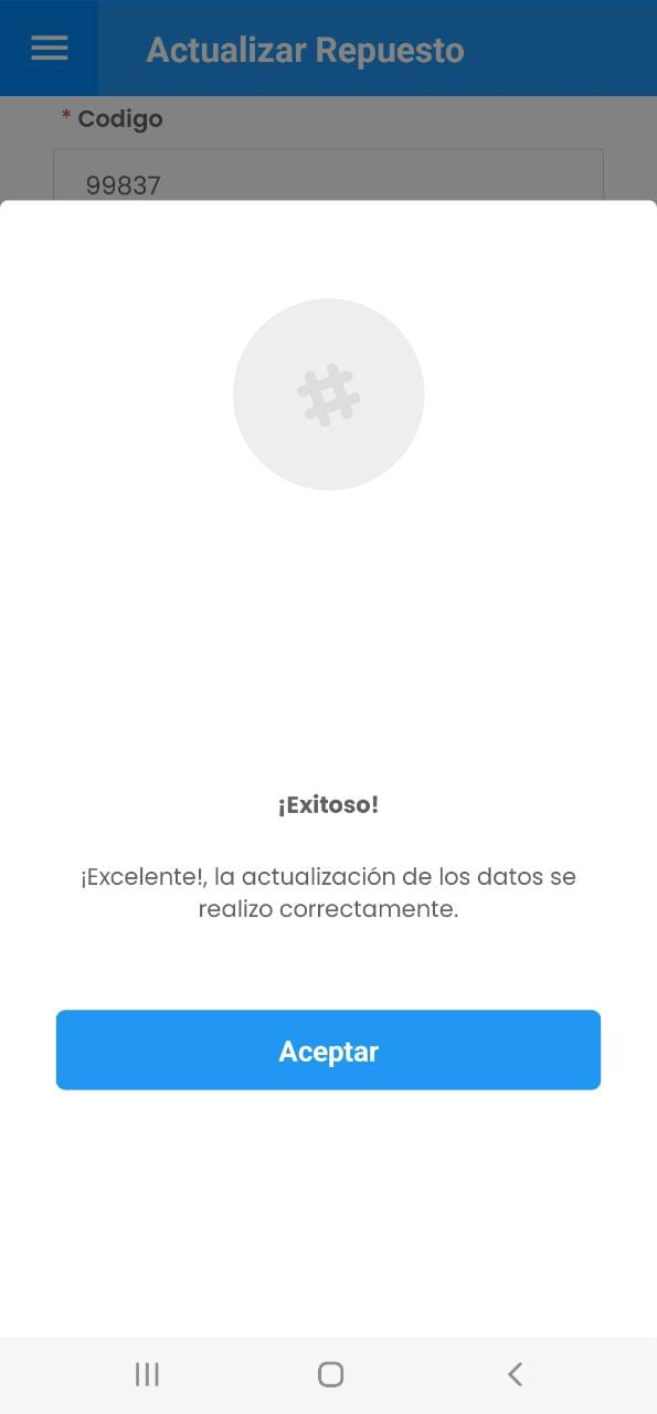 AMovil - Mensaje Alerta Actualizar Repuestos