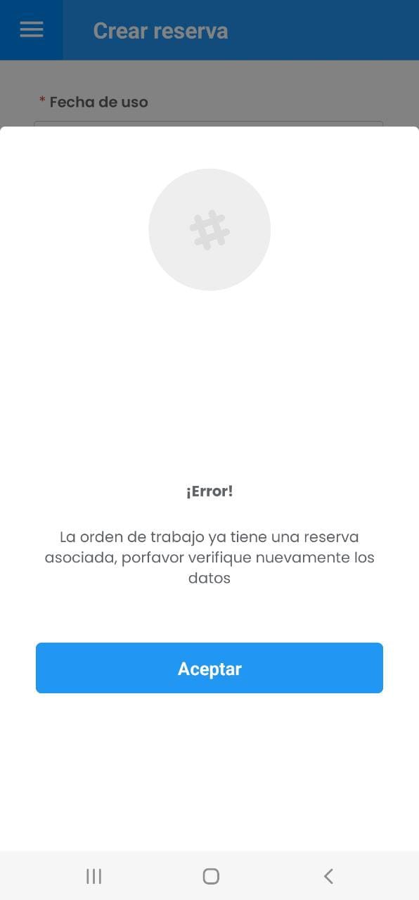 AMovil - Almacén Crear Repuesto Formulario Mensaje Alerta