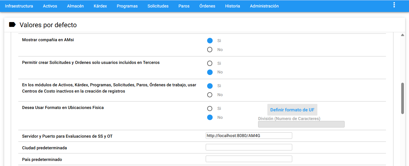 Valores por defecto, General