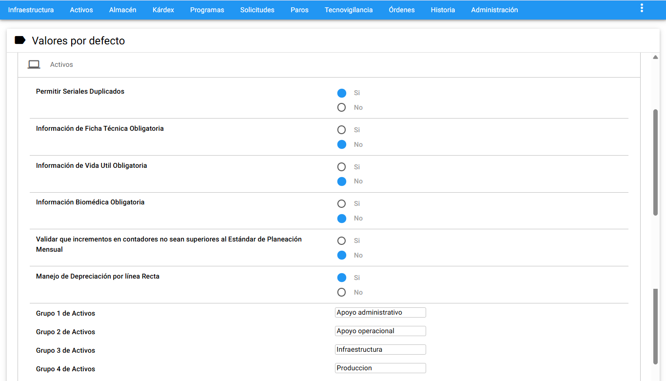 Valores por defecto, Activos