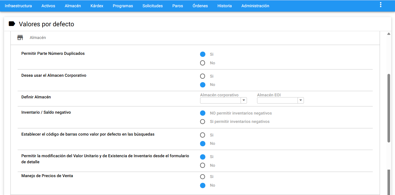 Valores por defecto, Almacén