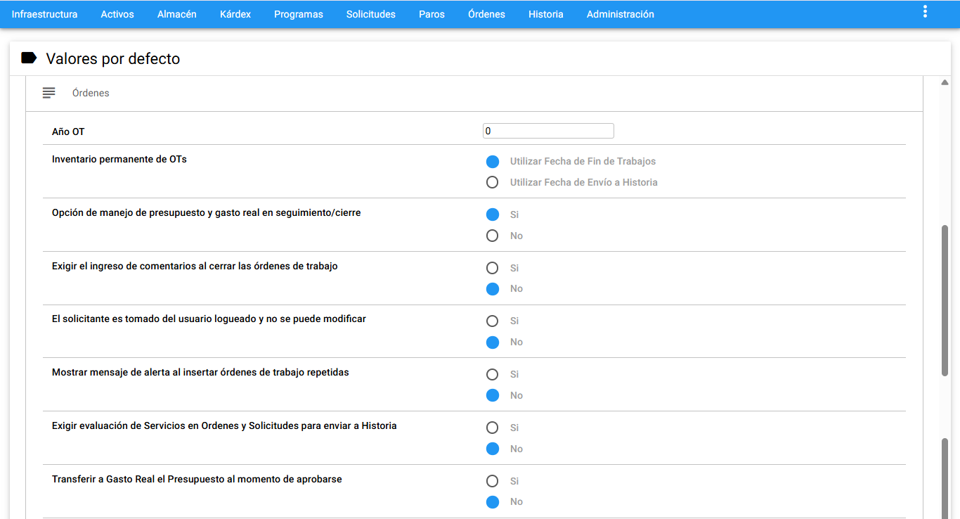 Valores por defecto, Órdenes