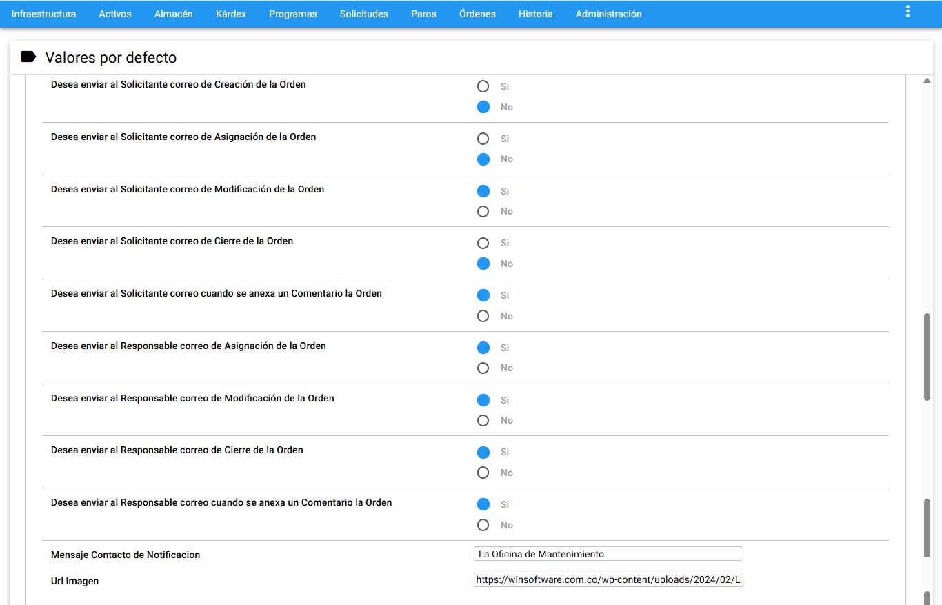 Valores por defecto, Notificaciones